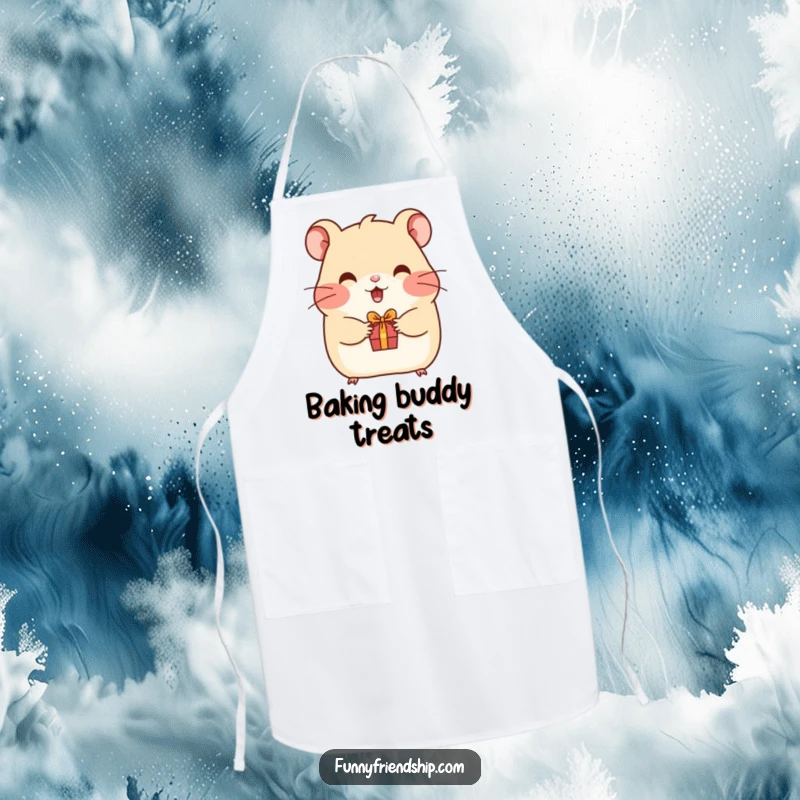 Funny hamster apron with a happy hamster offering a gift, perfect for kitchen adventures and humorous cooking.