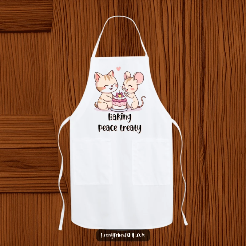 Funny apron design showing a cat and mouse character smiling as they share a small cake, ready for kitchen fun.