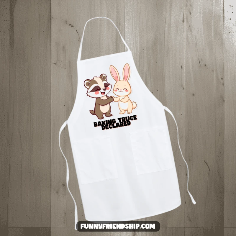 Funny apron showing a badger and rabbit shaking hands, ideal for chefs and kitchen enthusiasts who enjoy humor.