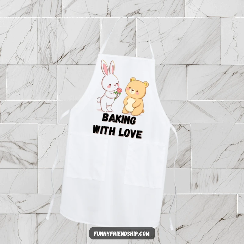 Funny Bunny and Bear Flower Apron: Bunny giving flower to bear, cute kitchen wear, promoting kindness, a funny gift.