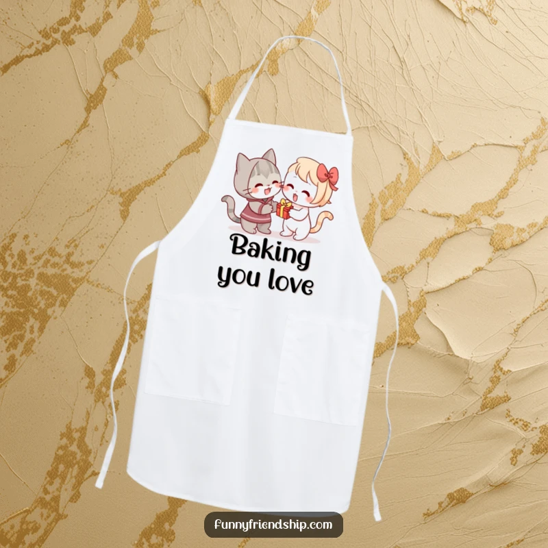 Funny apron showing a cat enthusiastically offering a small gift, ideal for kitchen and cooking humor.