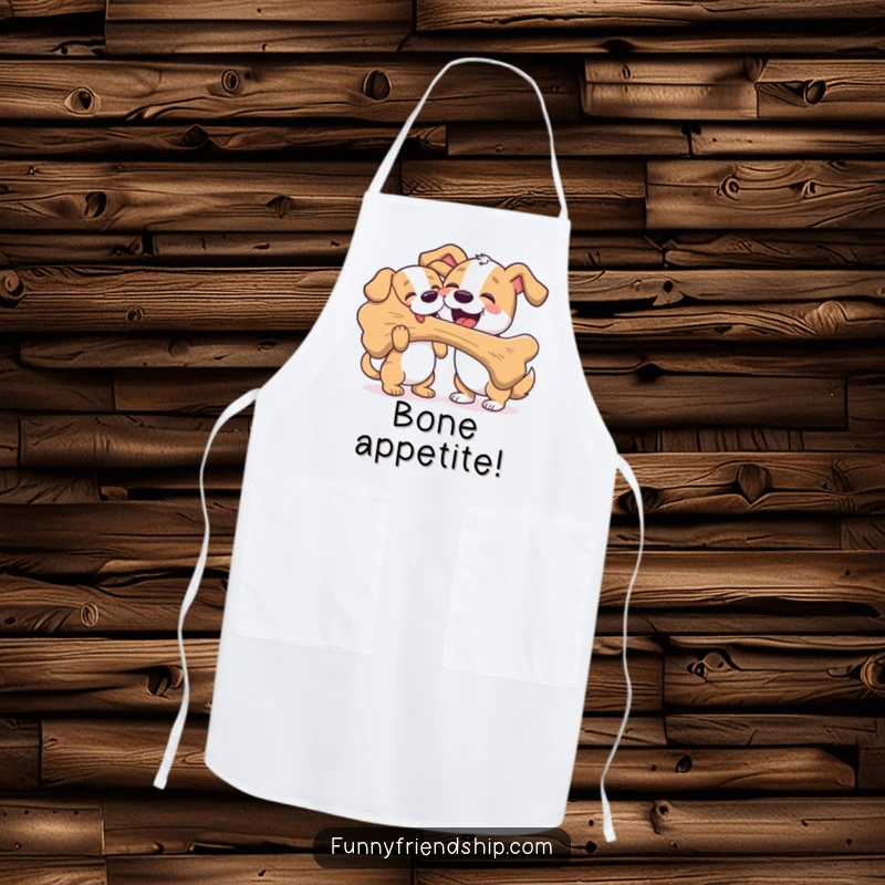 Funny apron with two dogs, one enthusiastically sharing a giant bone with another, perfect for cooking and dog-themed kitchens.