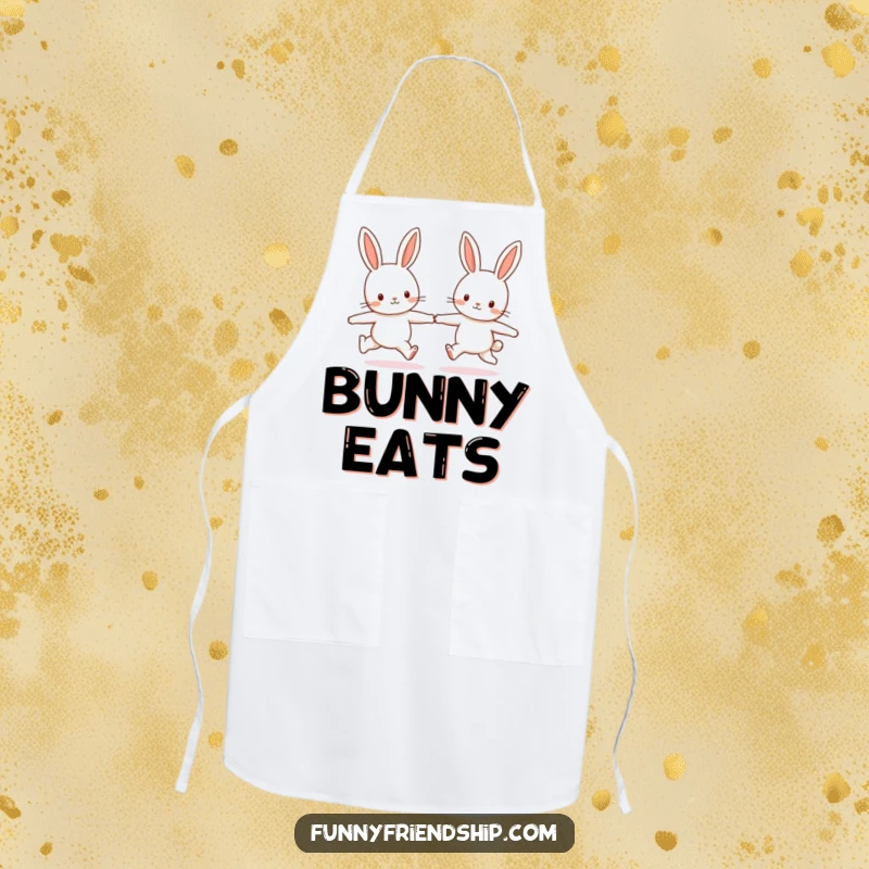 Funny apron showcasing two cheerful bunny characters skipping hand-in-hand, ideal for adding a playful touch to kitchen tasks.
