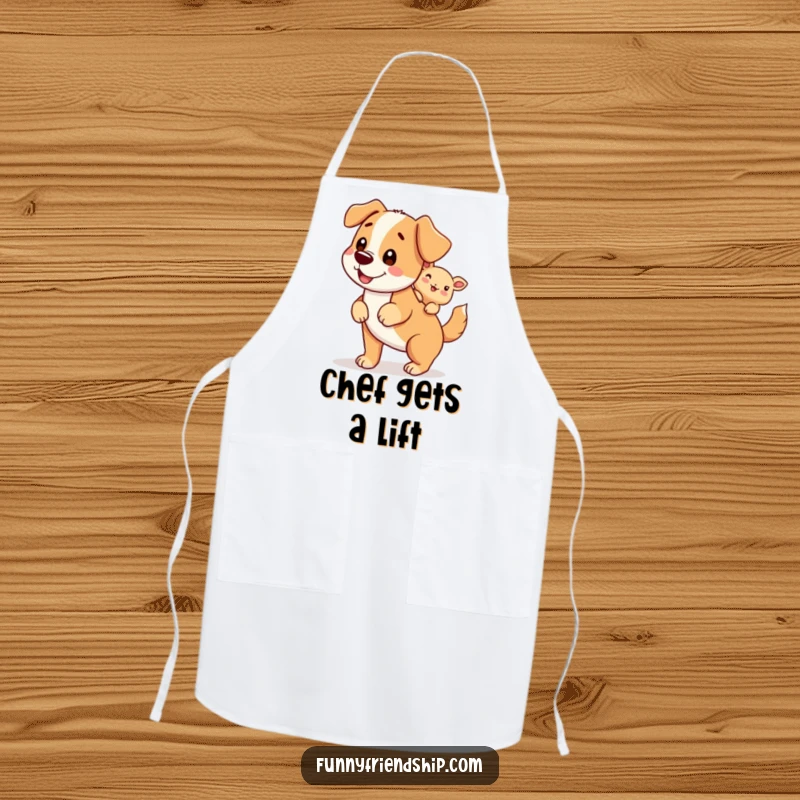 Funny apron with a dog character giving a piggyback ride, making kitchen tasks more enjoyable.