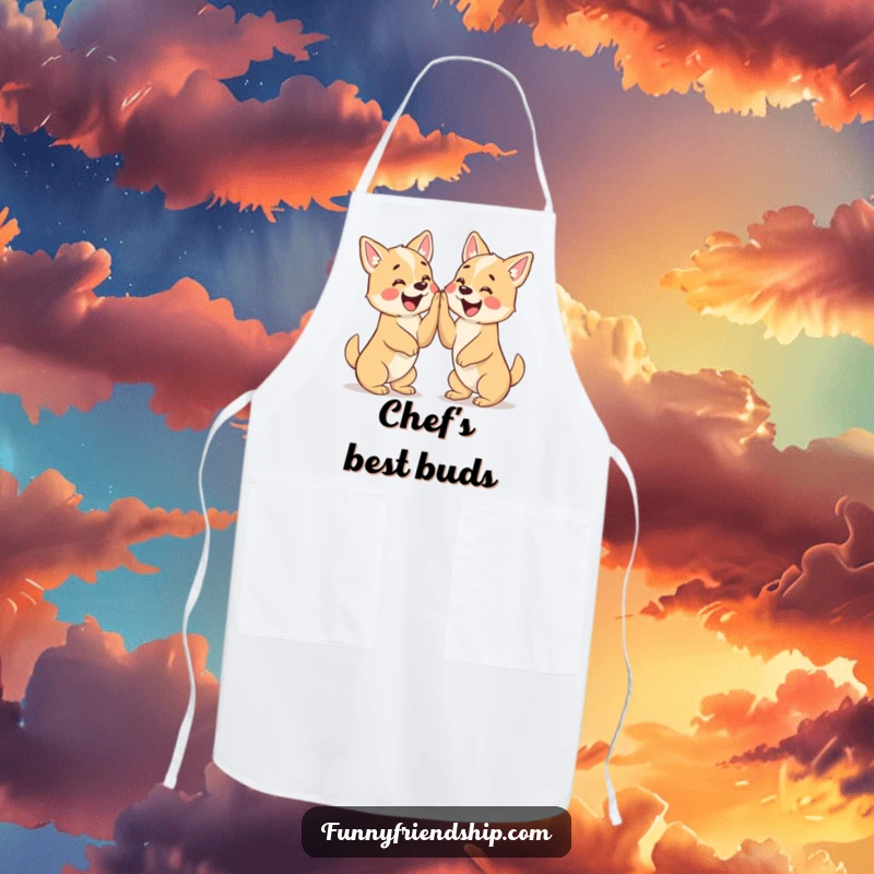 Funny apron design showing two excited dog characters giving each other a high five, ready for kitchen fun.