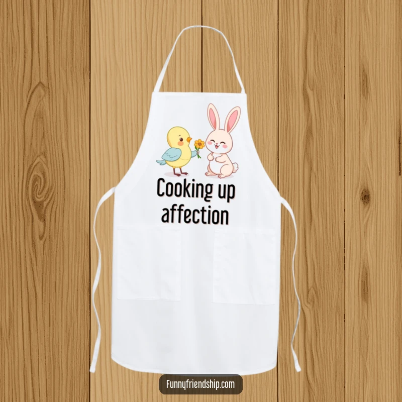 Funny kitchen apron with a charming cartoon of a bird offering a flower to a happy rabbit, bringing humor to cooking.