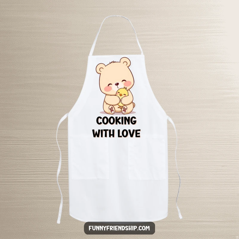 Funny apron depicting a bear character giving a comforting hug to a small bird. Ideal for kitchen warmth.