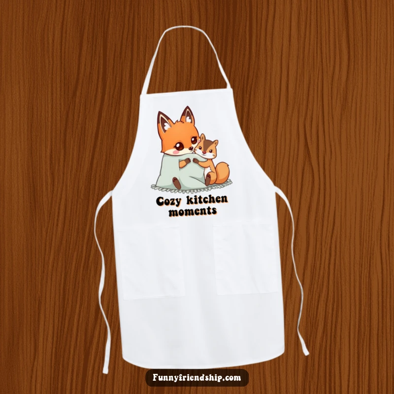 Funny kitchen apron illustrating a happy fox and squirrel sharing a cozy blanket, perfect for adding warmth and cheer to cooking.