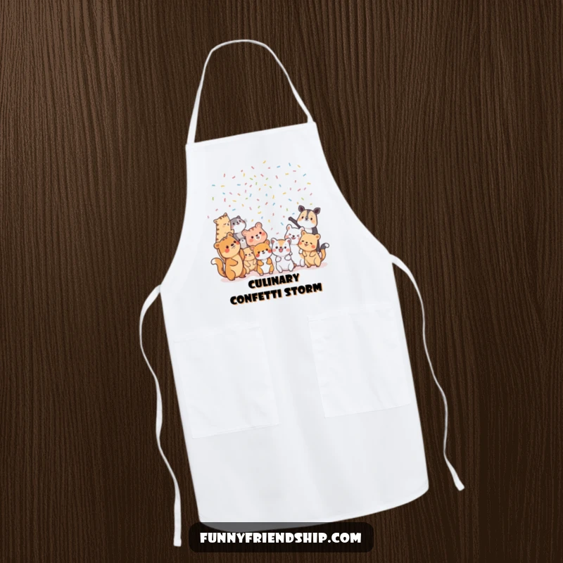 Funny Apron: Diverse animal characters tossing confetti at each other, a humorous kitchen essential for party hosts.