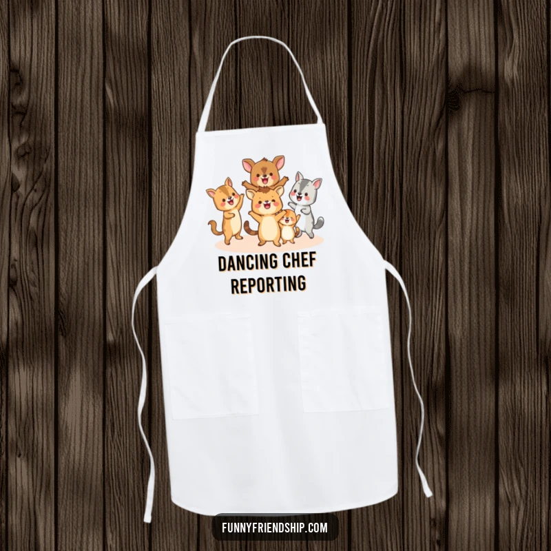 Funny apron showing happy animals dancing in a circle, bringing a humorous and celebratory vibe to cooking tasks.