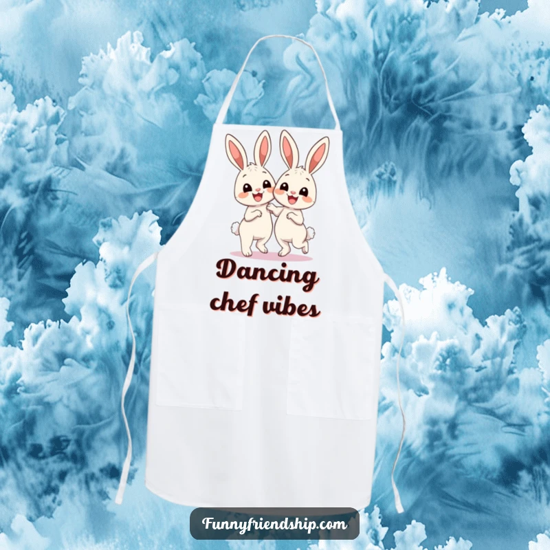Funny Apron: Two smiling bunnies dancing with abandon, perfect kitchen wear for those who cook and bake with joy and humor.