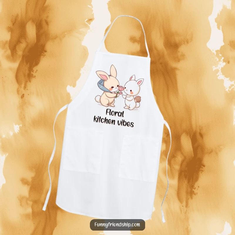 Funny apron: a bunny character offers a flower to another animal, a humorous kitchen accessory promoting kindness and sweetness.