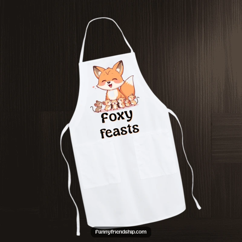 Funny apron showcasing a cheerful fox character laughing with a group of small, happy mice, ideal for kitchen fun.