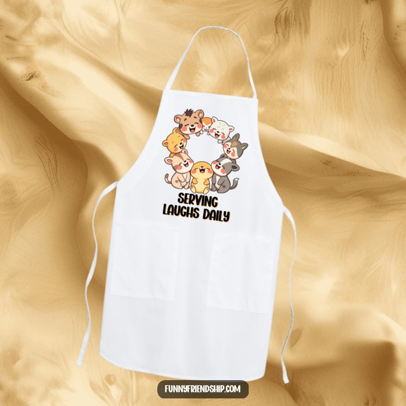 Funny apron adorned with a lively circle of animals sharing a laugh, ideal for chefs and home cooks.