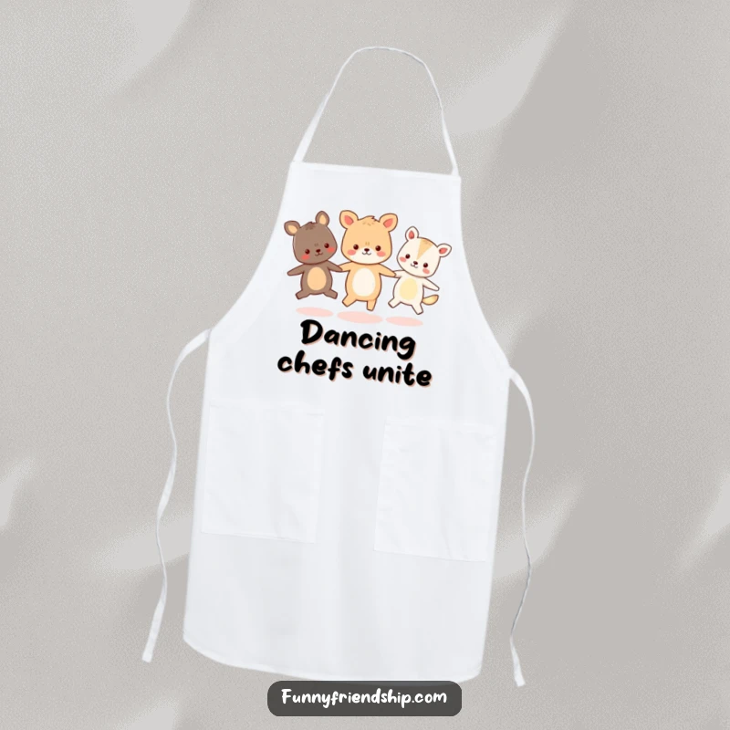 Funny apron design showing three cute animal characters holding hands and skipping in a circle, ready for kitchen fun.