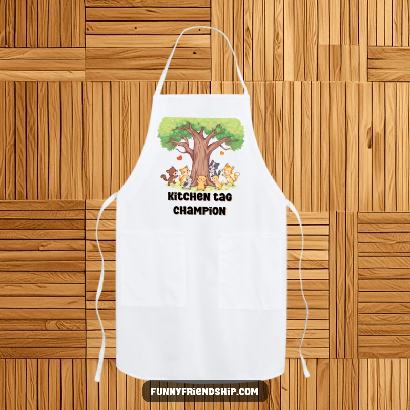 Funny Animal Tag Apron depicting happy animals playing tag around a tree, ideal for kitchen protection with a dose of woodland fun.