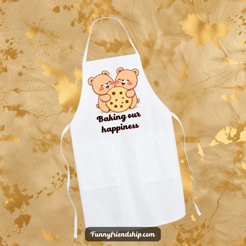 Funny apron showing two cute bears joyfully sharing a giant cookie, ideal for baking and kitchen fun.