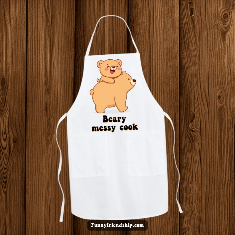 Funny Apron: A small bear giggles riding piggyback on a larger bear, bringing adorable and humorous charm to cooking.