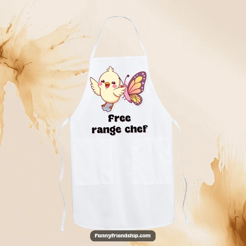 Funny apron with a bird and butterfly flying together, making kitchen tasks more delightful.