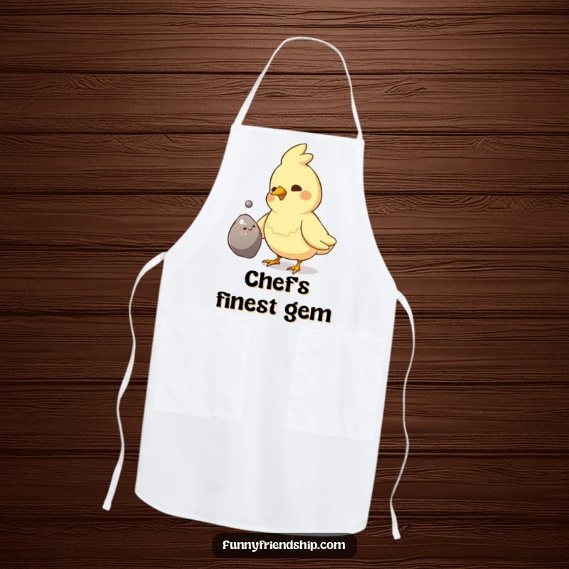 Funny Bird Pebble Gift Apron: Bird offering shiny pebble, cute kitchen wear, for bird lovers, a funny gift.