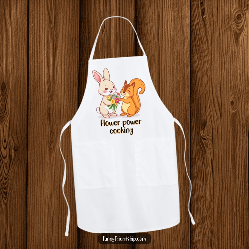 Funny apron with a playful rabbit offering a flower bouquet to a squirrel, perfect for gardening and nature-themed kitchens.