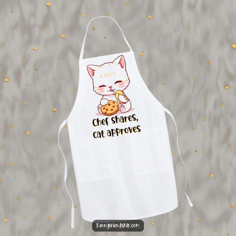 Funny Cat Bird Cookie Apron depicting a cat character sharing a cookie with a tiny bird, ideal for kitchen protection with a sweet message.