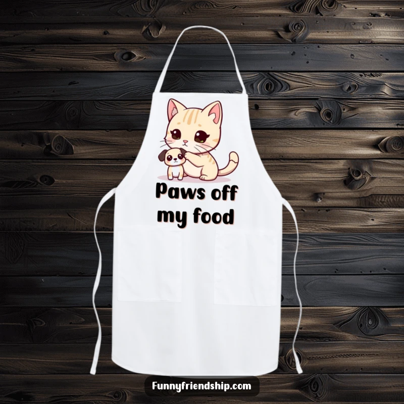 Funny Apron depicting a cat playfully tagging a dog, ideal for cooks who love humorous kitchenware and pet antics.