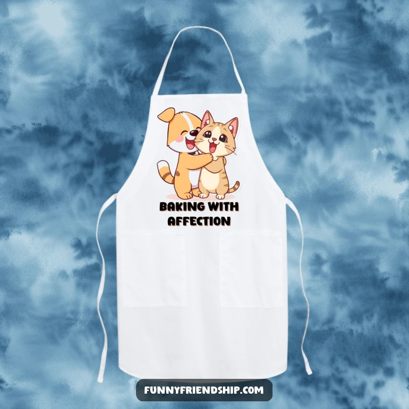 Funny Apron: Cute dog character enthusiastically hugging a surprised cat character, a humorous kitchen essential for pet lovers.