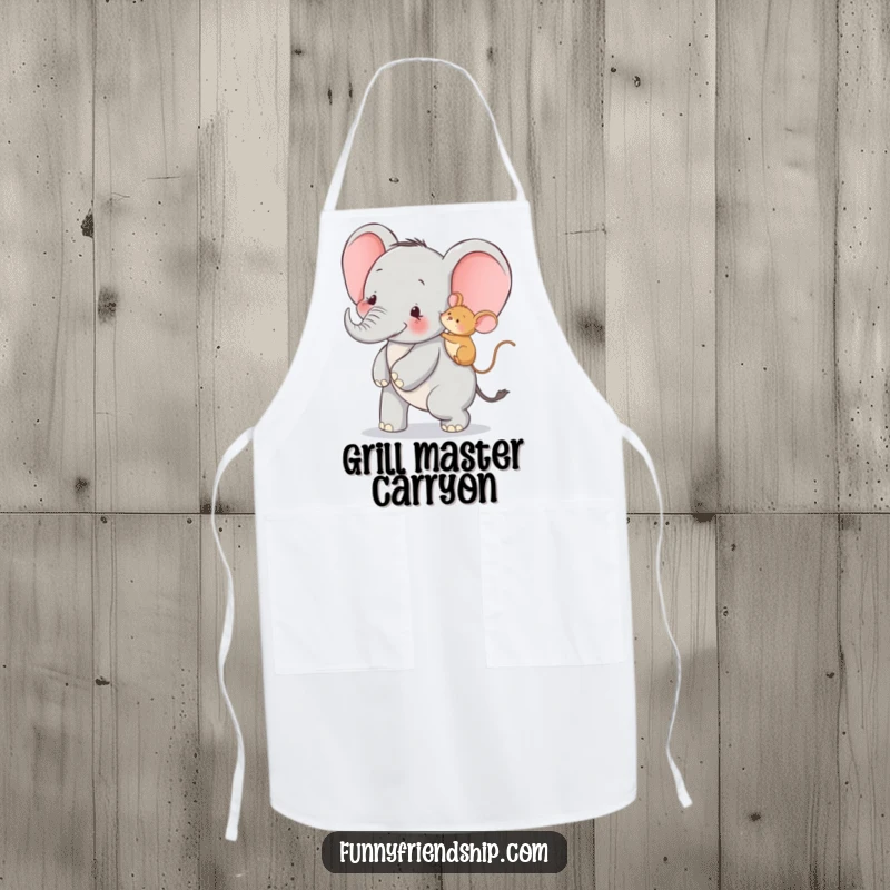 Funny apron showing an elephant giving a mouse a piggyback ride, ideal for chefs and kitchen enthusiasts.