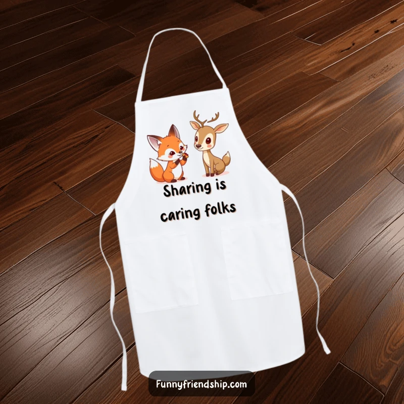 Funny apron featuring a curious fox sharing a treat with a shy deer, perfect for the kitchen, adding charm and protecting clothes with humor.