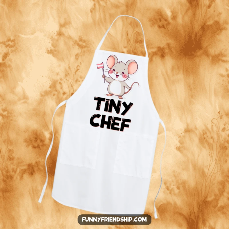 Funny apron showcasing an enthusiastic mouse character waving a miniature friendship flag, ideal for kitchen fun and spreading positivity.