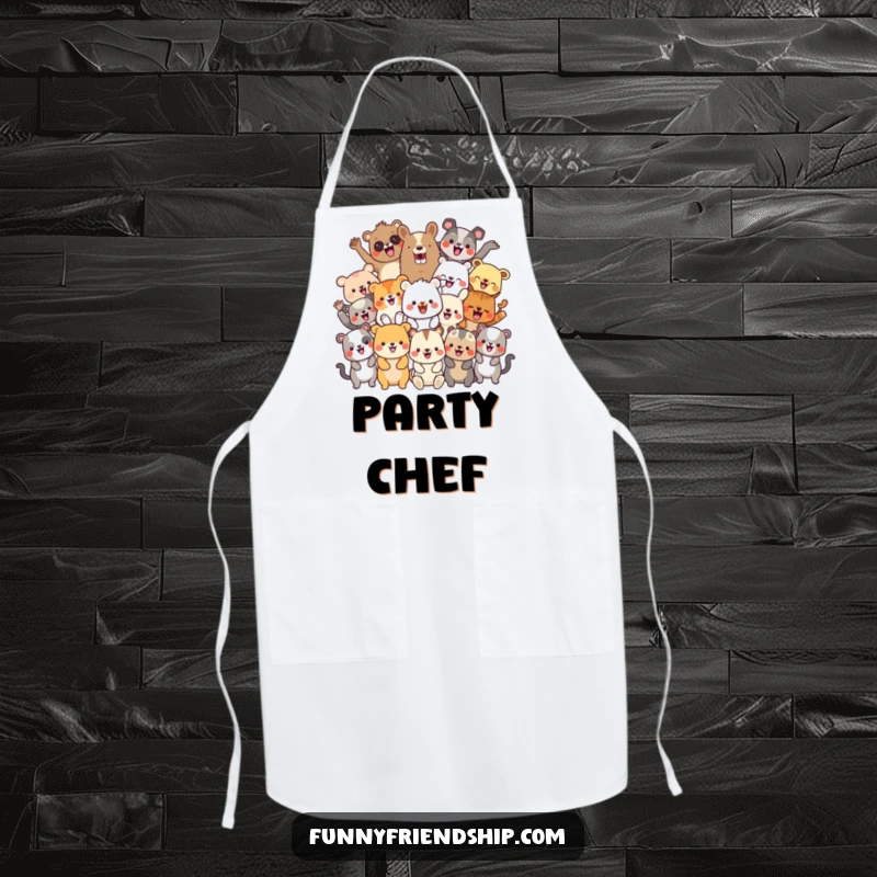 Funny apron showing a diverse group of cheerful animal characters celebrating, adding a festive touch to cooking.