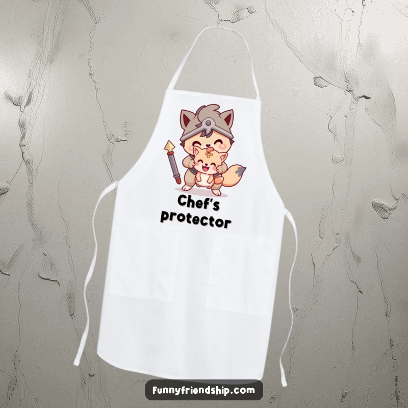Funny apron showing a brave animal character protecting a smaller friend, bringing a protective and humorous spirit to cooking.