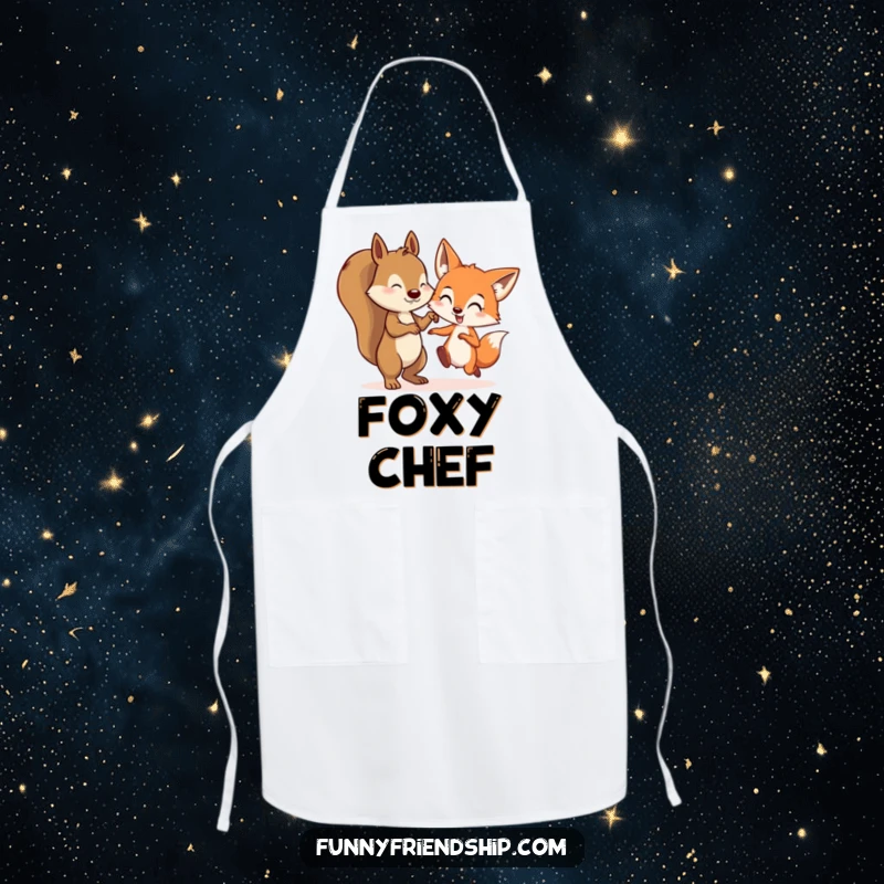 Funny apron illustrating a squirrel and a fox character playing tag, bringing a playful spirit to the kitchen.