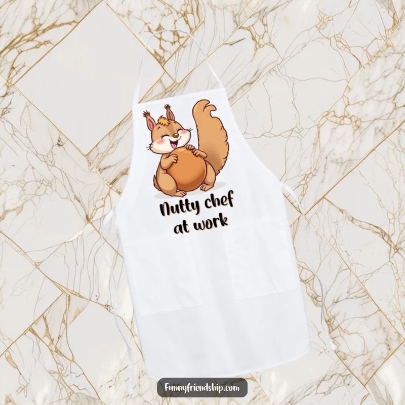 Funny squirrel character apron depicting a joyful squirrel sharing a giant nut with a happy friend, perfect for cooking.