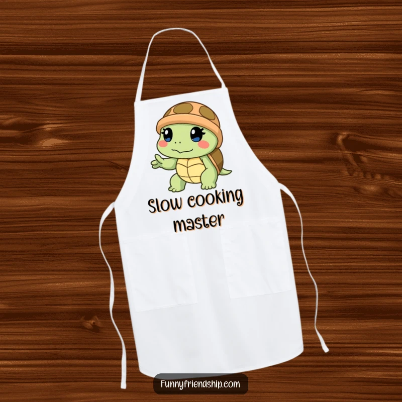 Funny apron showcasing a determined turtle slowly offering a helping hand, perfect for kitchen activities with a message of support.