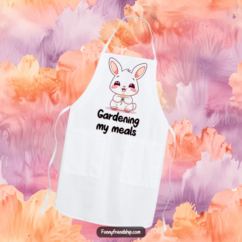 Funny Apron: Grinning bunny character holding out a small flower, perfect for adding a touch of charm to cooking.