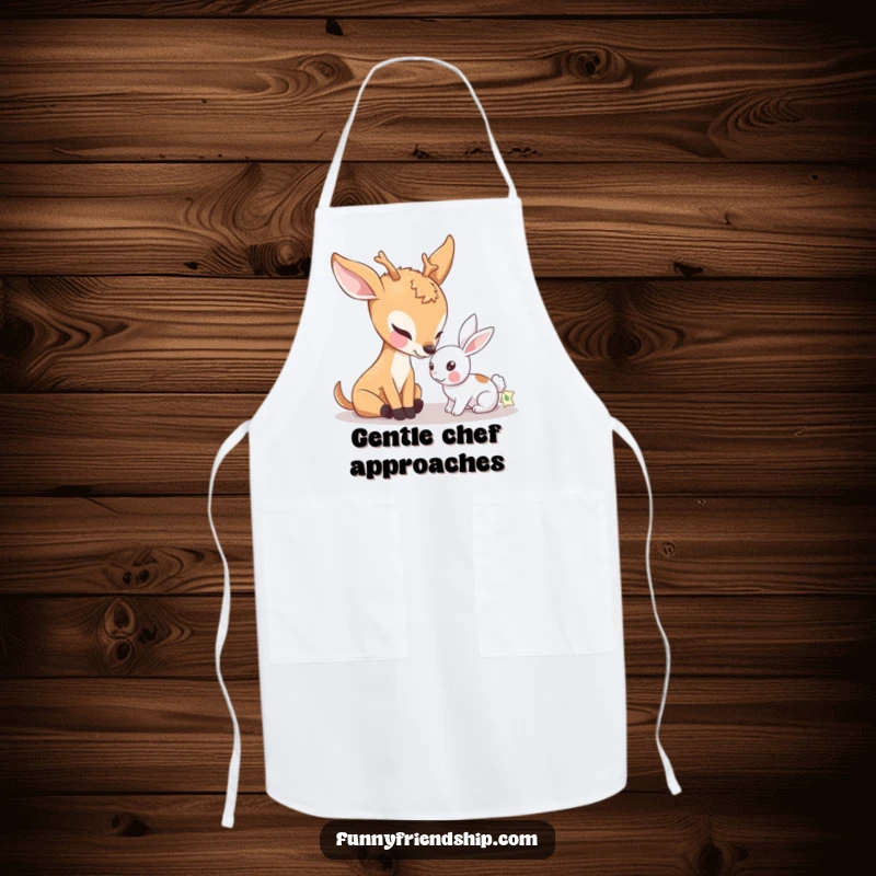 Funny kitchen apron illustrating a gentle deer character nudging a small rabbit, perfect for adding a touch of kindness to cooking.