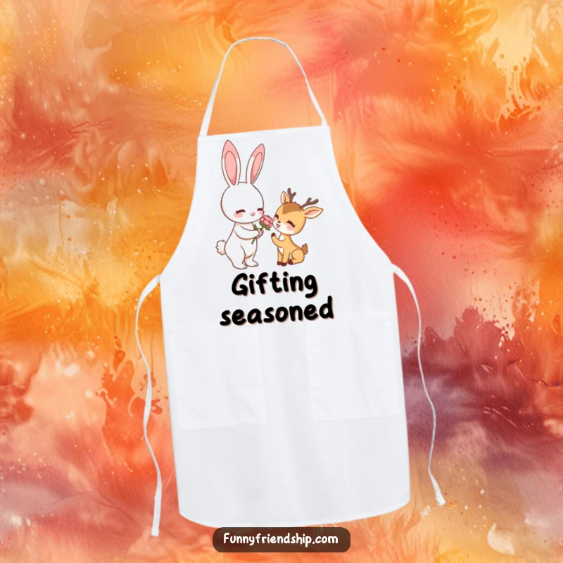 Funny apron showcasing a rabbit offering a flower to a deer, perfect for adding humor to cooking and baking tasks.