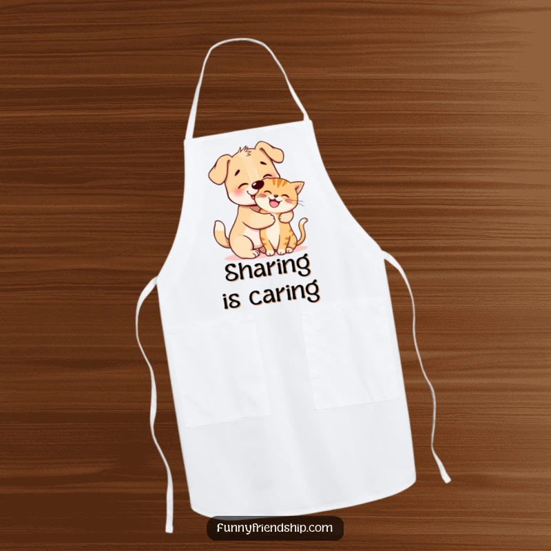 Funny Apron: Cute dog character hugging a happy cat, perfect for adding humor to kitchen activities.