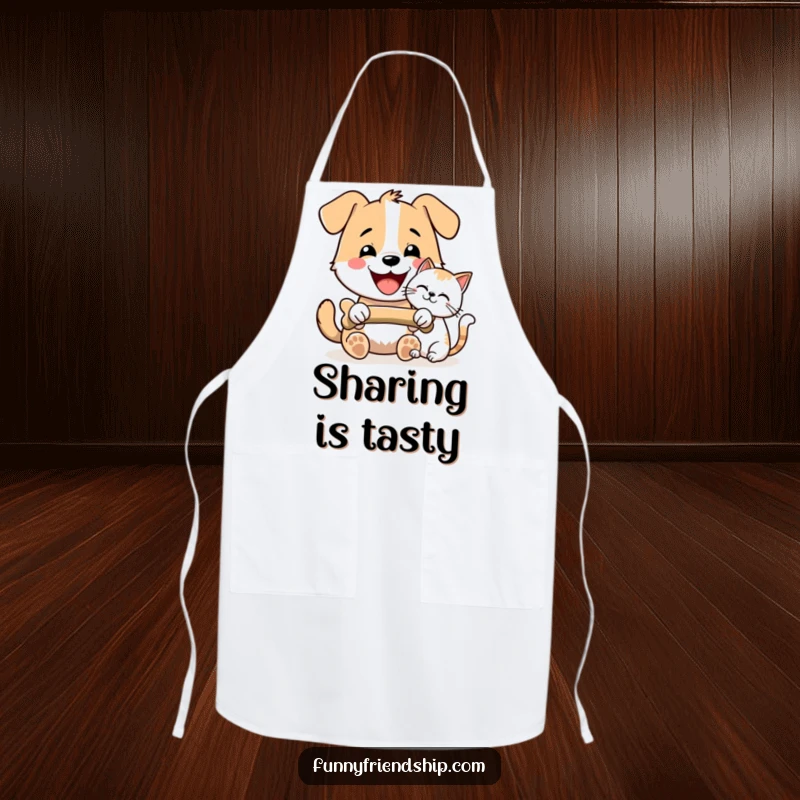 Funny Dog and Cat Bone Sharing Apron: Dog and cat sharing a bone, cheerful pet design, functional kitchen wear, a funny gift.