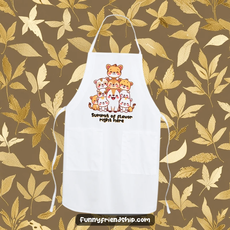 Funny apron featuring a pyramid of smiling animals, making kitchen tasks more enjoyable and humorous.