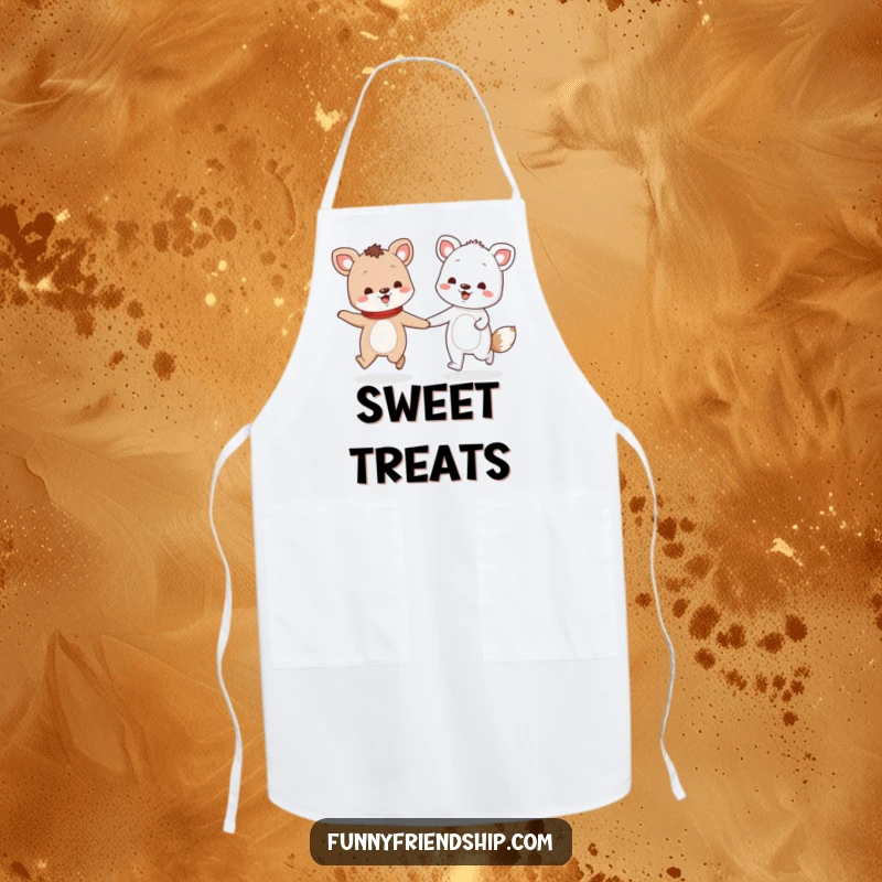 Funny apron showing two animal characters holding hands and skipping, bringing joyful energy to the kitchen.