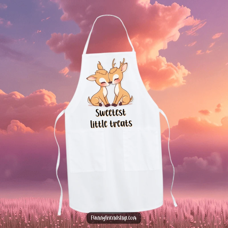 Sweet deer apron showing two deer characters nuzzling affectionately, adding a romantic and charming touch to kitchen wear.