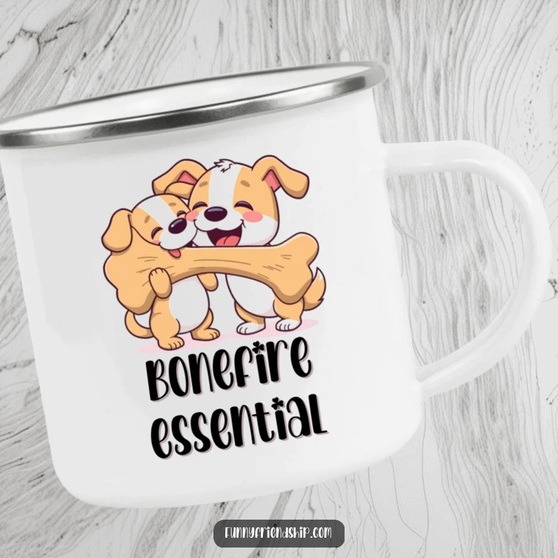 Funny camping mug showing two dogs, one enthusiastically sharing a giant bone with another, designed for outdoor adventures.