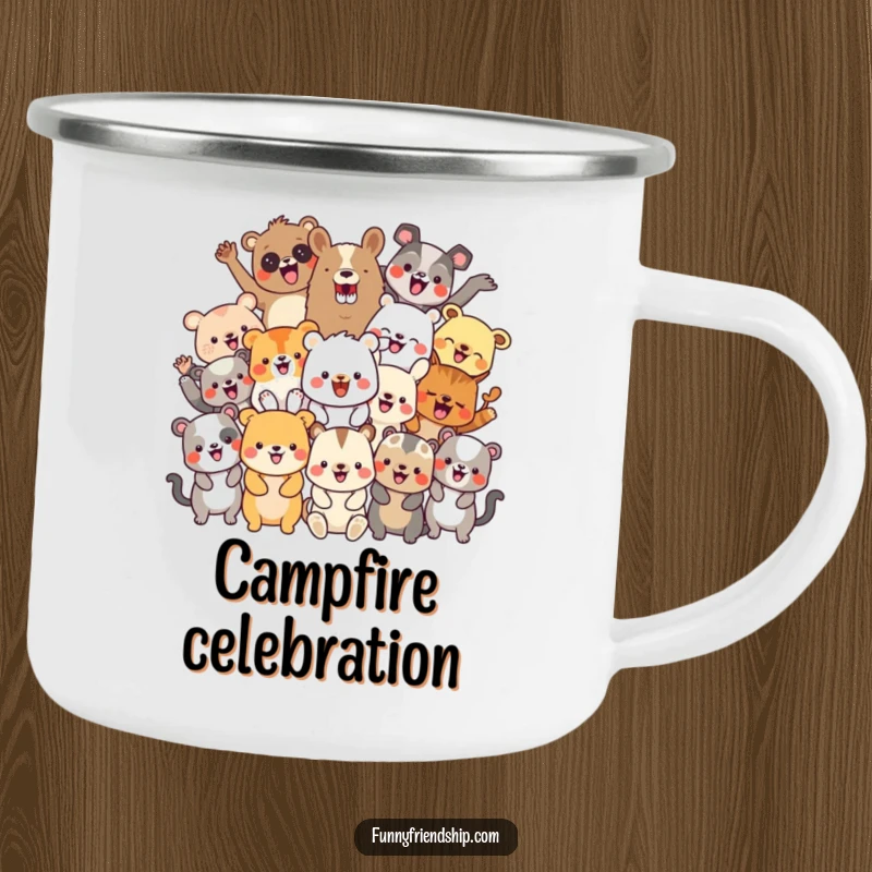 Funny camping mug with a diverse group of cheerful animal characters celebrating, ideal for enjoying drinks outdoors with friends.