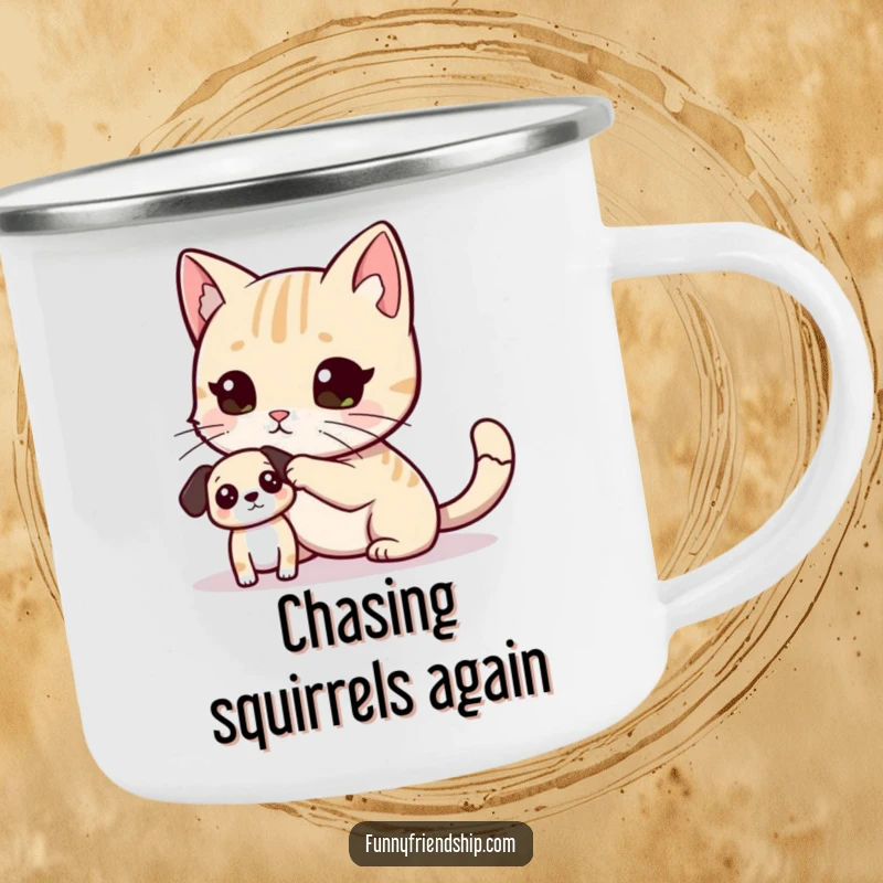 Funny Camping Mug featuring a cat playfully tagging a dog, perfect for outdoor enthusiasts who love humorous pet designs.