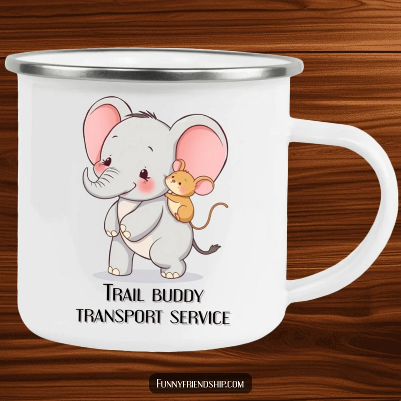 Funny camping mug with an elephant giving a mouse a piggyback ride, durable and perfect for outdoor adventures.