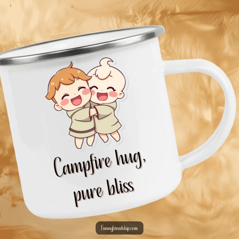 Funny camping mug with happy characters hugging, durable and perfect for outdoor adventurers who appreciate warmth.