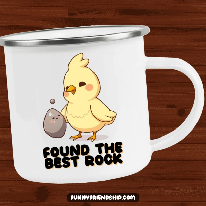 Funny Bird Pebble Gift Camping Mug: Bird offering shiny pebble, durable outdoor drinkware, symbolizing friendship, a funny gift.